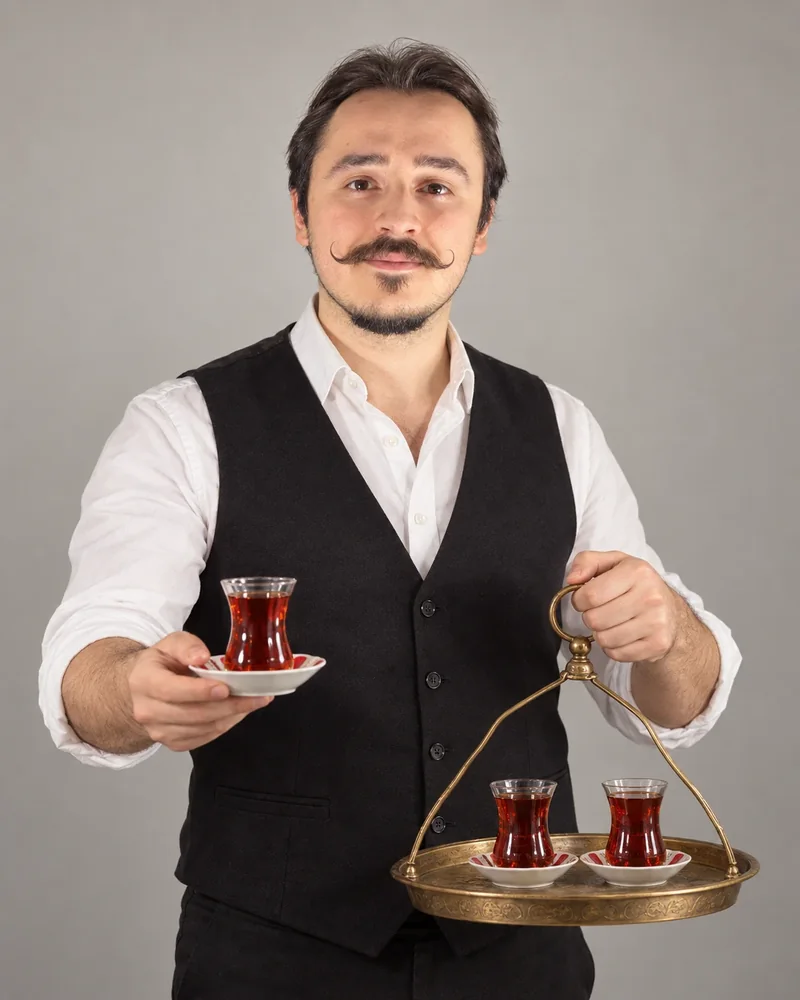 Pala bıyıklı; askılı tepsiden ince belli bardakta çay ikram ediyor