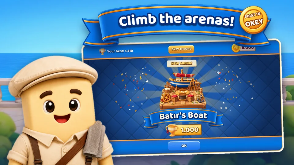 The arena ceremony: Batır’s Boat opens at 1,000 trophies, with Batır beside the screen