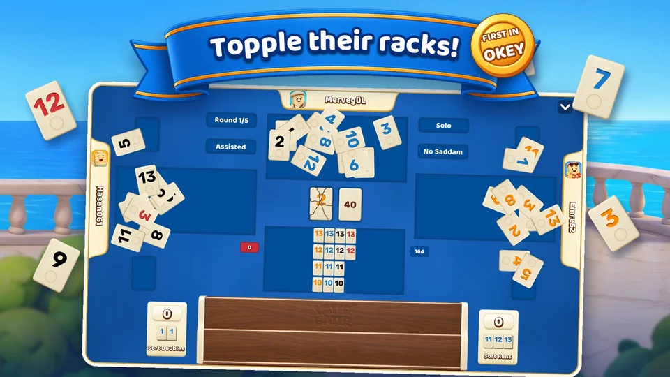 Rack Topple: opponents’ racks topple and their tiles scatter across the table