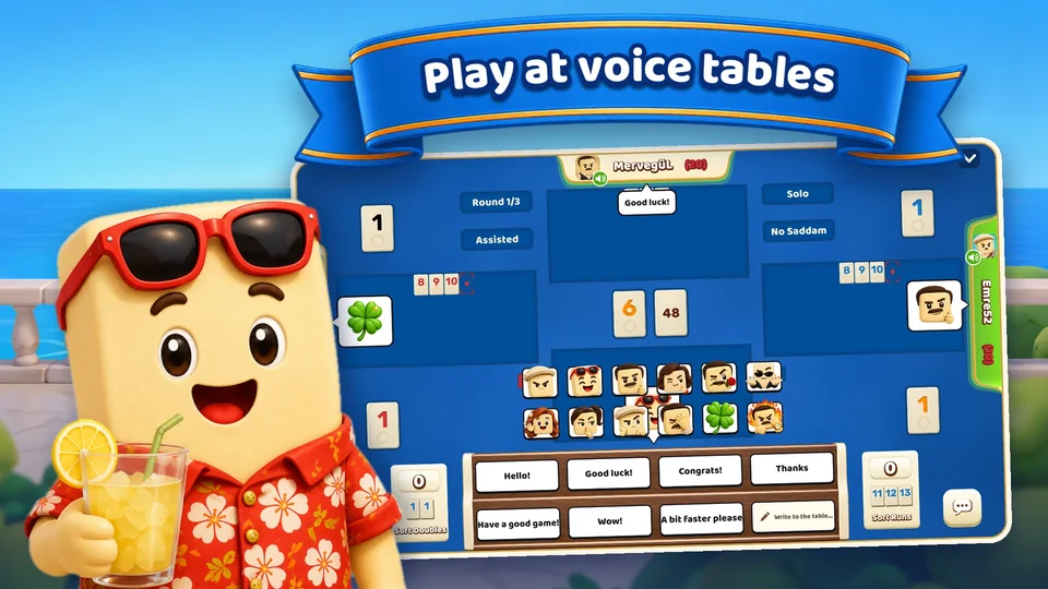 A voice table: players pick quick messages and stickers, with Yatır and his lemonade beside the screen