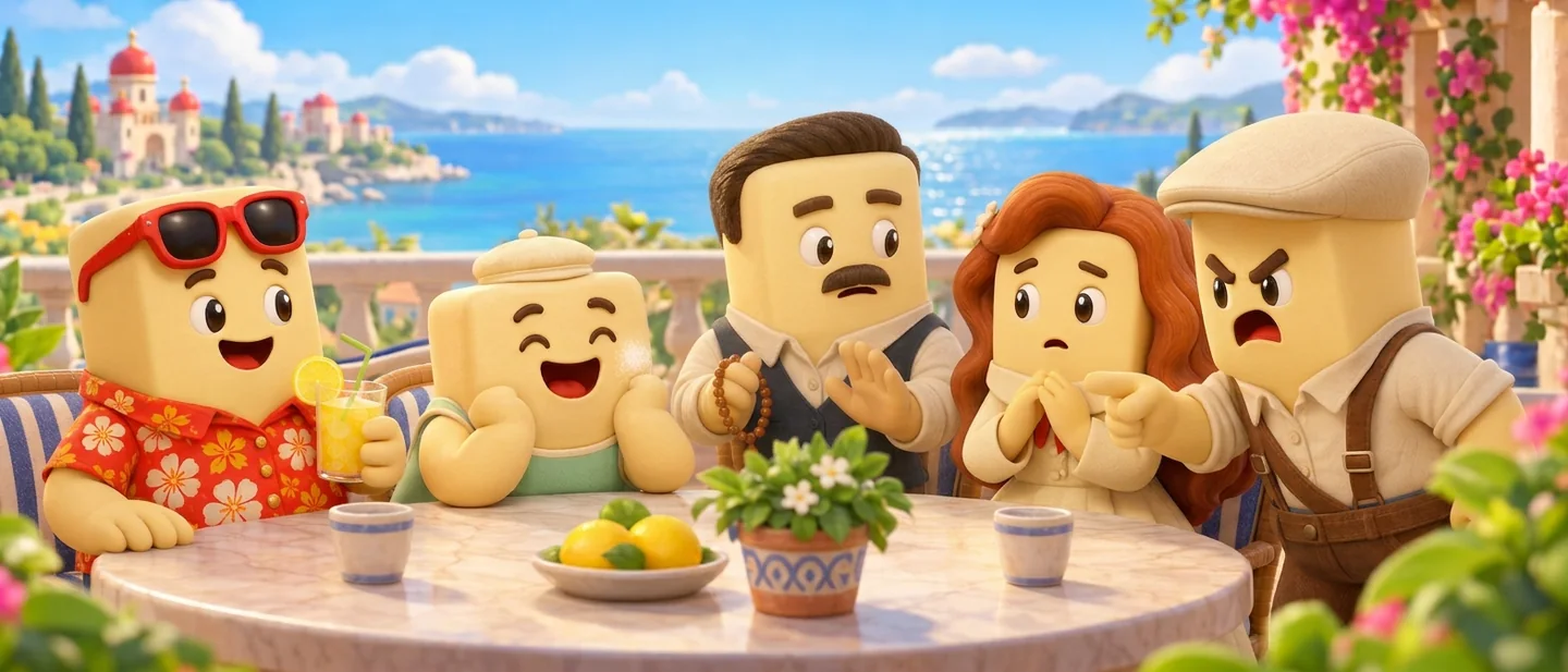 The Yatır Batır characters at a table on a seaside terrace: Batır points at Yatır, Yatır sips lemonade without a care, Dayı steps in, Tombiş bursts out laughing and Dalgalı watches it all unfold.